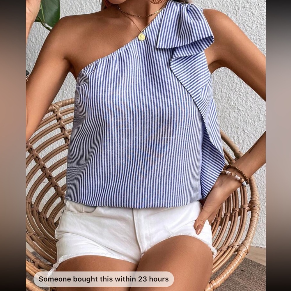 Classic Stripe Print One Shoulder Top Blouse Shirt Blue White - Picture 4 of 4